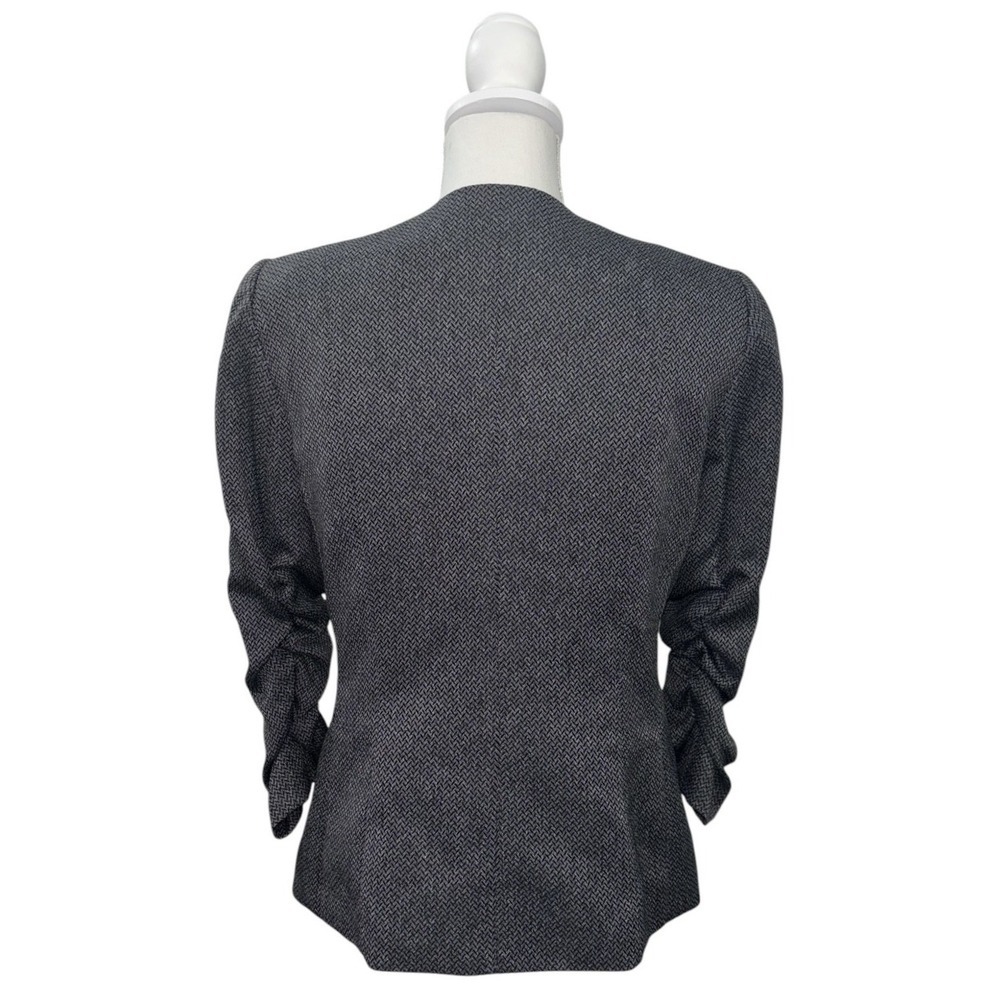 Tahari ASL Petite 8P Grey Herringbone Tuxedo Blazer Ruched Sleeve Zipper‎ Accent - Picture 2 of 13